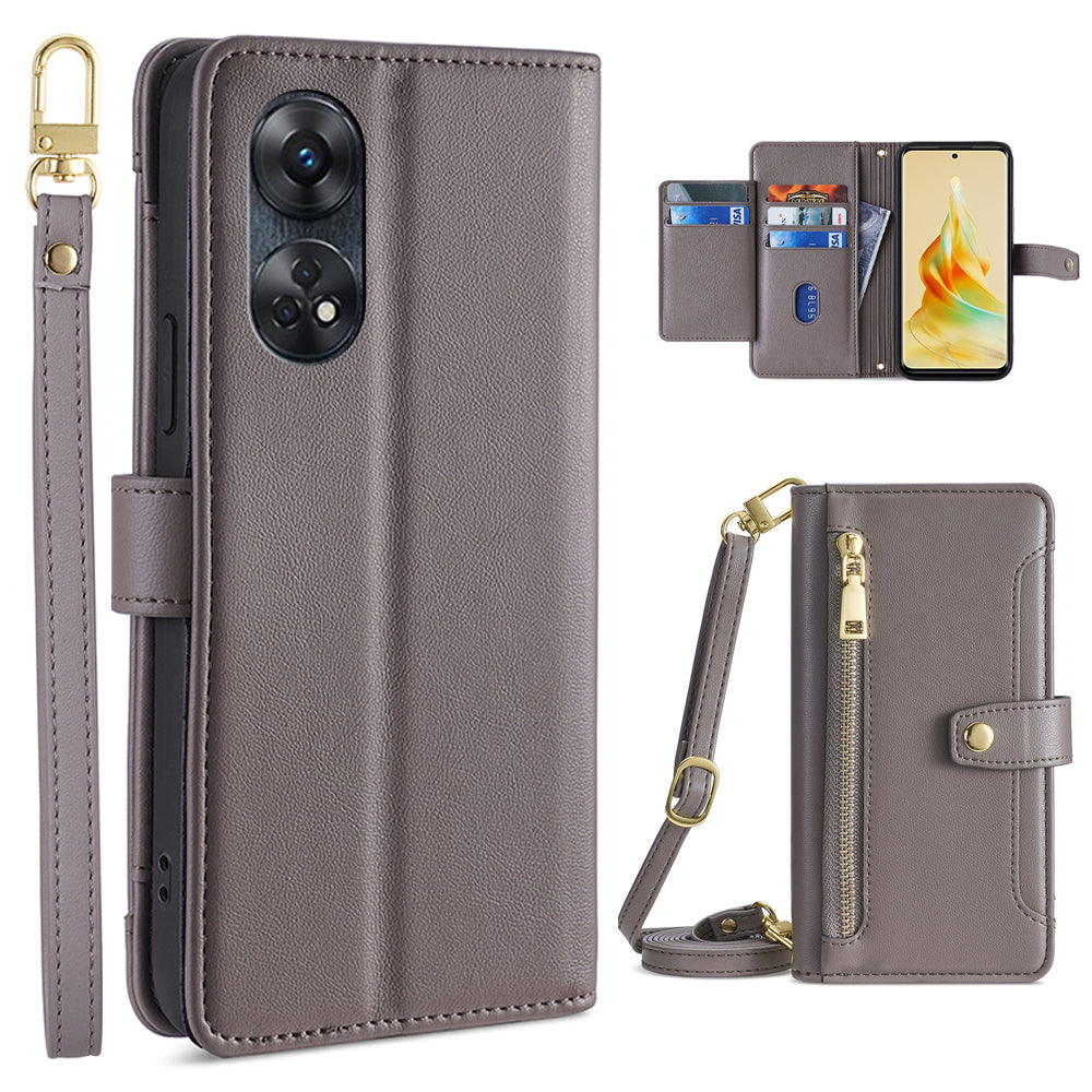 Zipper Pocket Phone Case for Oppo Reno8 T 4G Card Slots Leather Stand Phone Cover with Straps Zipper Pocket Phone Case for Oppo Reno8 T 4G Card Slots Leather Stand Phone Cover with Straps